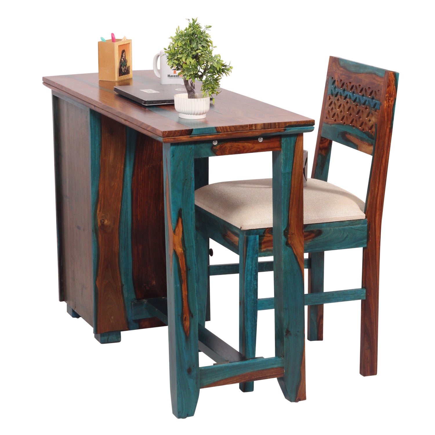 Flora Solid Sheesham Wood Computer Table with Cabinet and Drawer Storage with Chair, Study Desk, Office Desk, Laptop Table (Royal Blue)