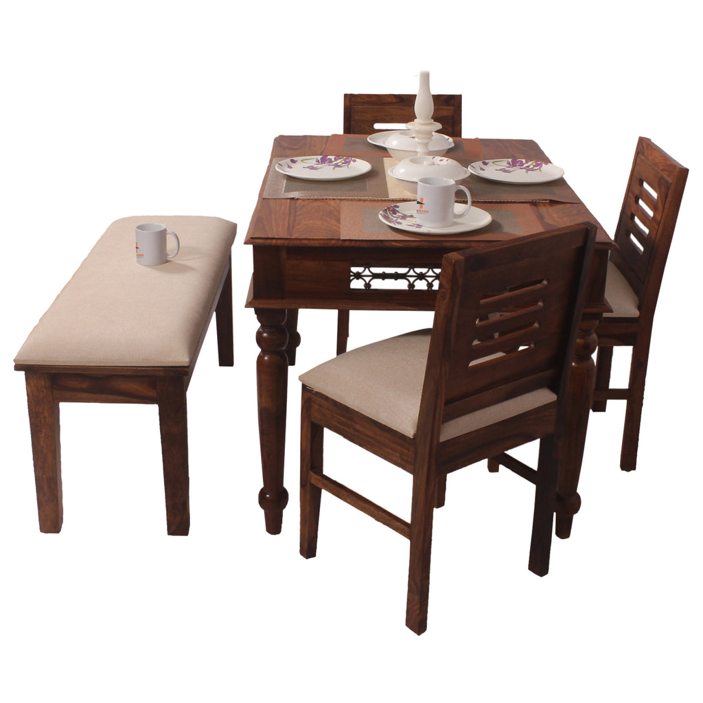 Solid Sheesham Wood Dining Table Set with 3 Cushioned Chairs & Bench for Home & Hotel Furniture | Dining Room Furniture | Natural Honey Finish with Premium Polish (5 Seater)
