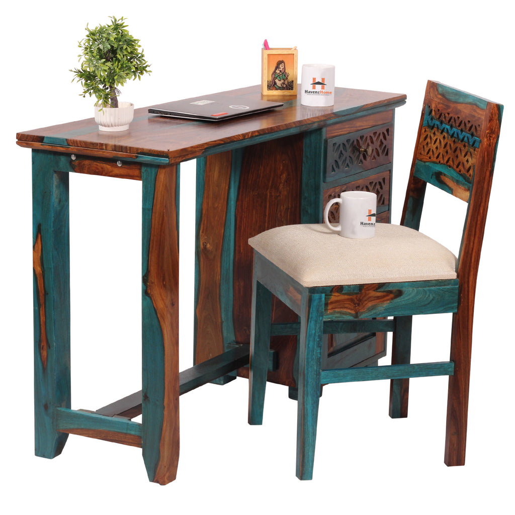 Flora Solid Sheesham Wood Computer Table with Cabinet and Drawer Storage with Chair, Study Desk, Office Desk, Laptop Table (Royal Blue)