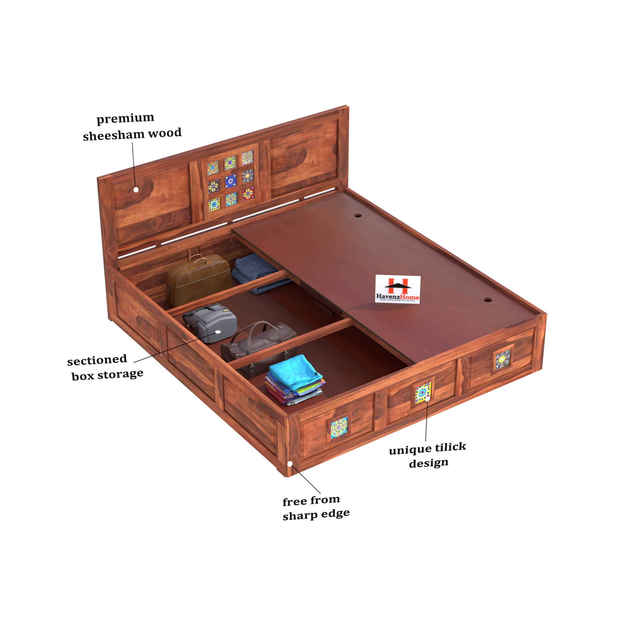 HavenzHome Sheesham Wood King Size Bed With Box Storage.