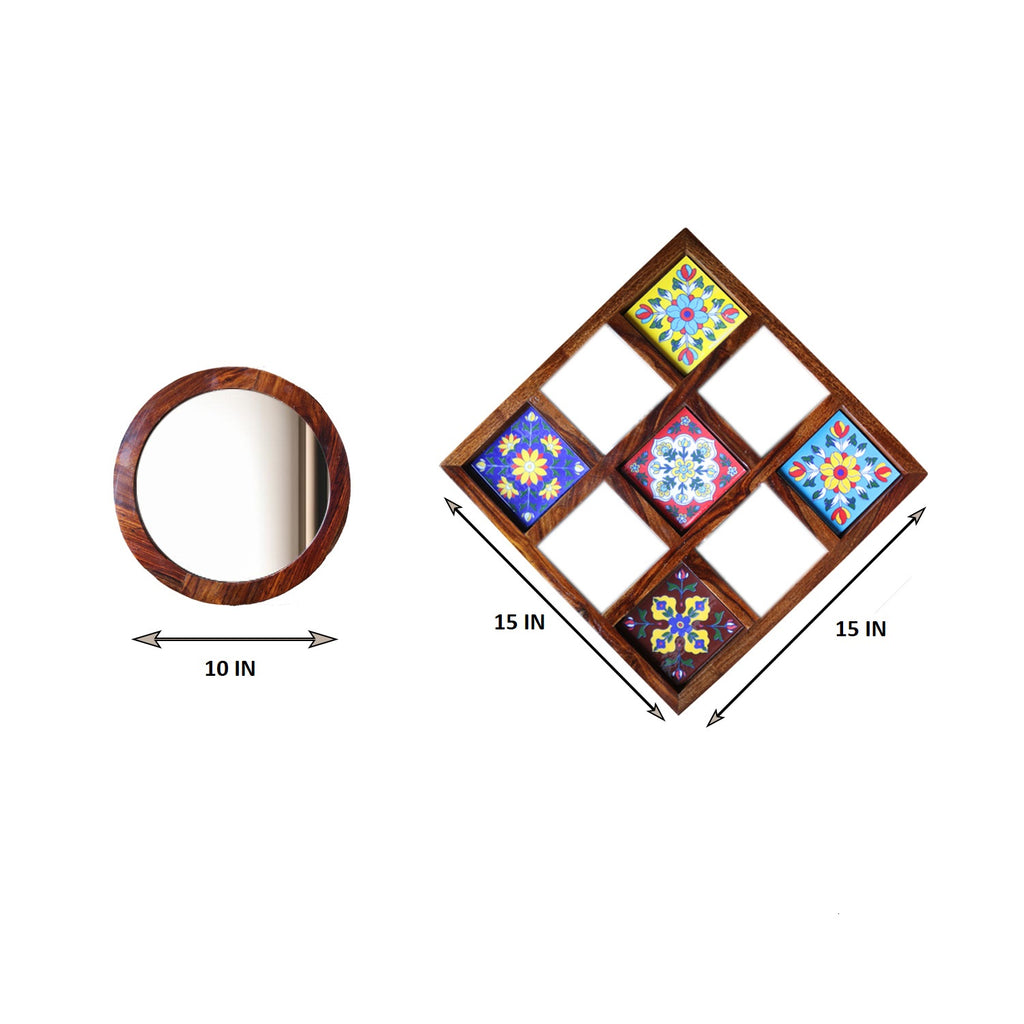 Sheesham Wood Wall Hanging Decoration Item for Home, Wall Plates with Mirror | Office | Gift | Wall Art | Living Room | Bedroom, Decorative Items