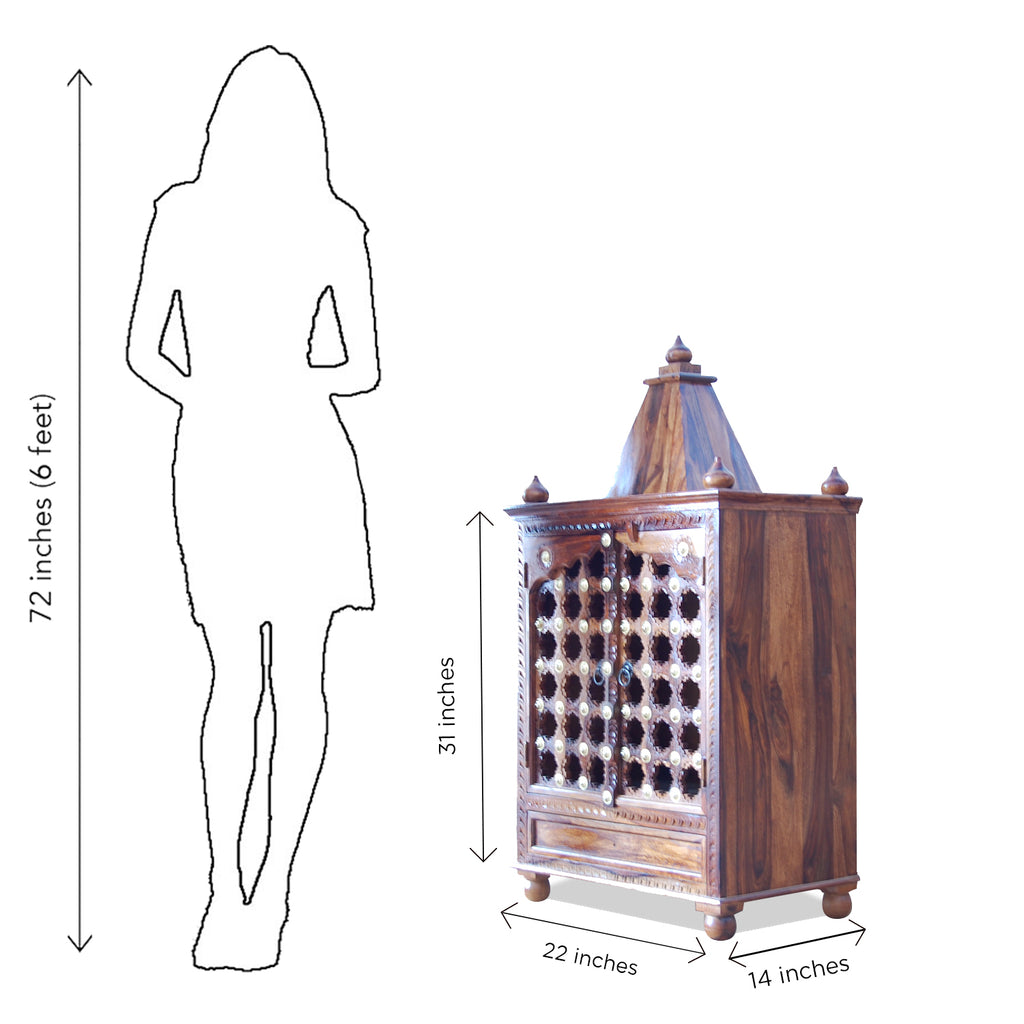 HavenzHome Solid Sheesham Wood Natural Honey Finish Pooja Temple with Double Door and 1 Drawer