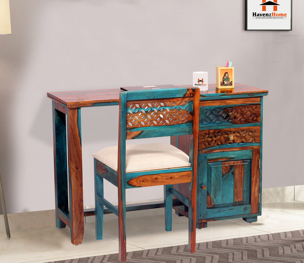 Flora Solid Sheesham Wood Computer Table with Cabinet and Drawer Storage with Chair, Study Desk, Office Desk, Laptop Table (Royal Blue)