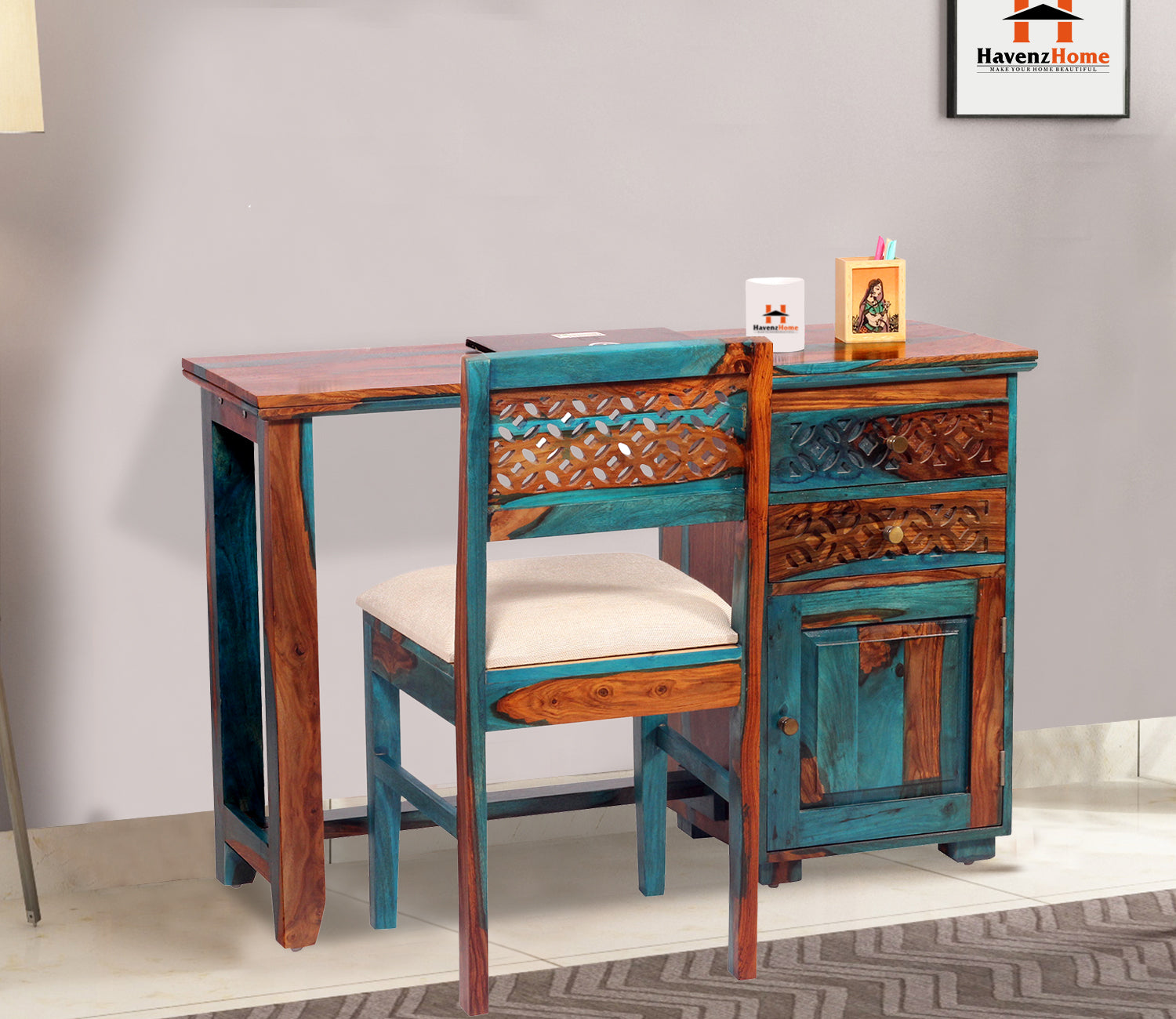 Flora Solid Sheesham Wood Computer Table with Cabinet and Drawer Storage with Chair, Study Desk, Office Desk, Laptop Table (Royal Blue)