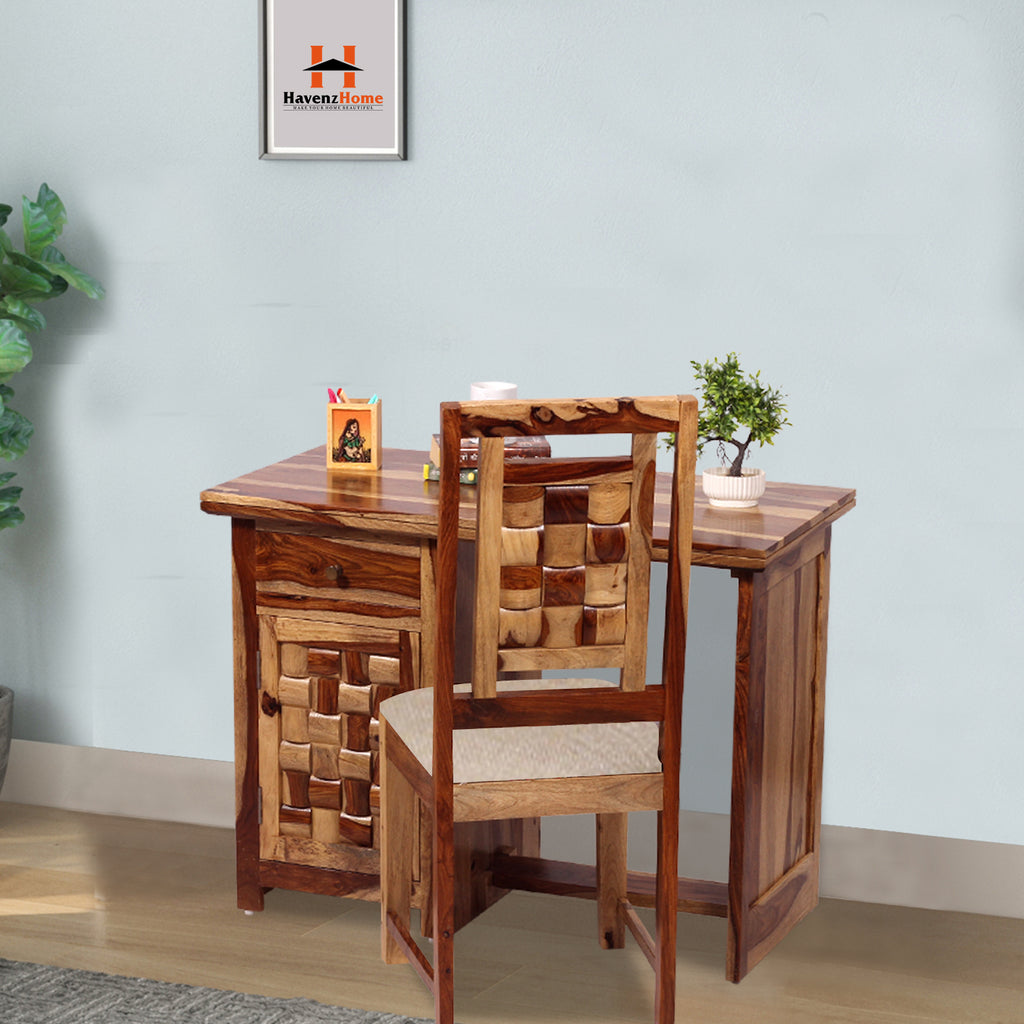 Nivora Solid Sheesham Wood Computer Table with Cabinet and Drawer Storage with Chair, Wood Writing Desk, Study Desk, Office Desk, Laptop Table (Natural Wood)