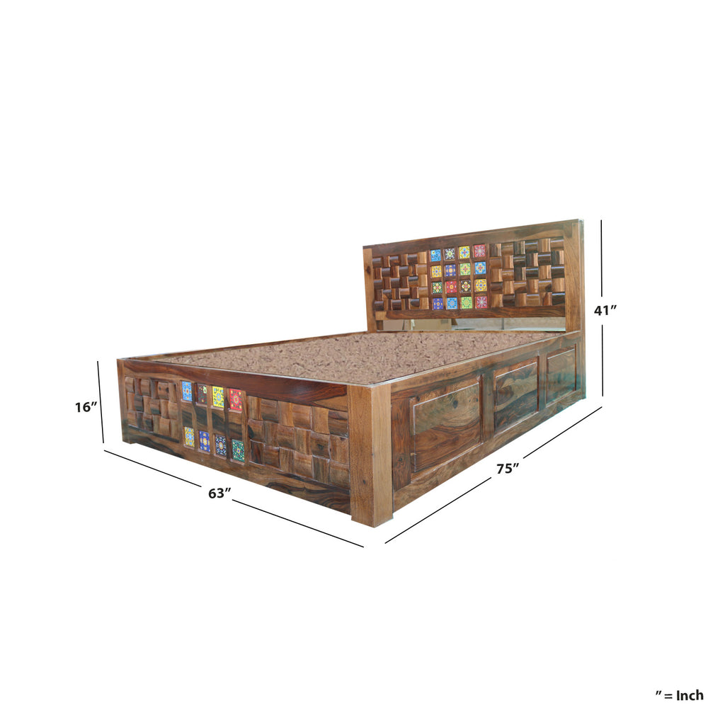 Solid Wood King Size Bed with Ceramic Tile Inlay, Traditional Design, Handcrafted Headboard and Footboard, Brown
