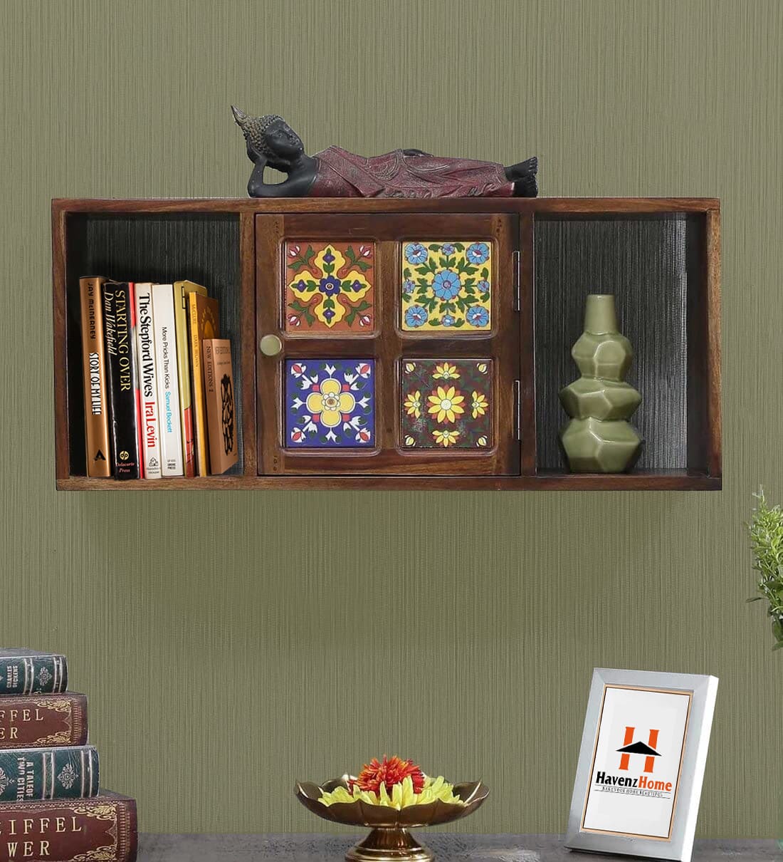 Wood Wall Cabinet with Artistic Ceramic Tile Door-havenzhome