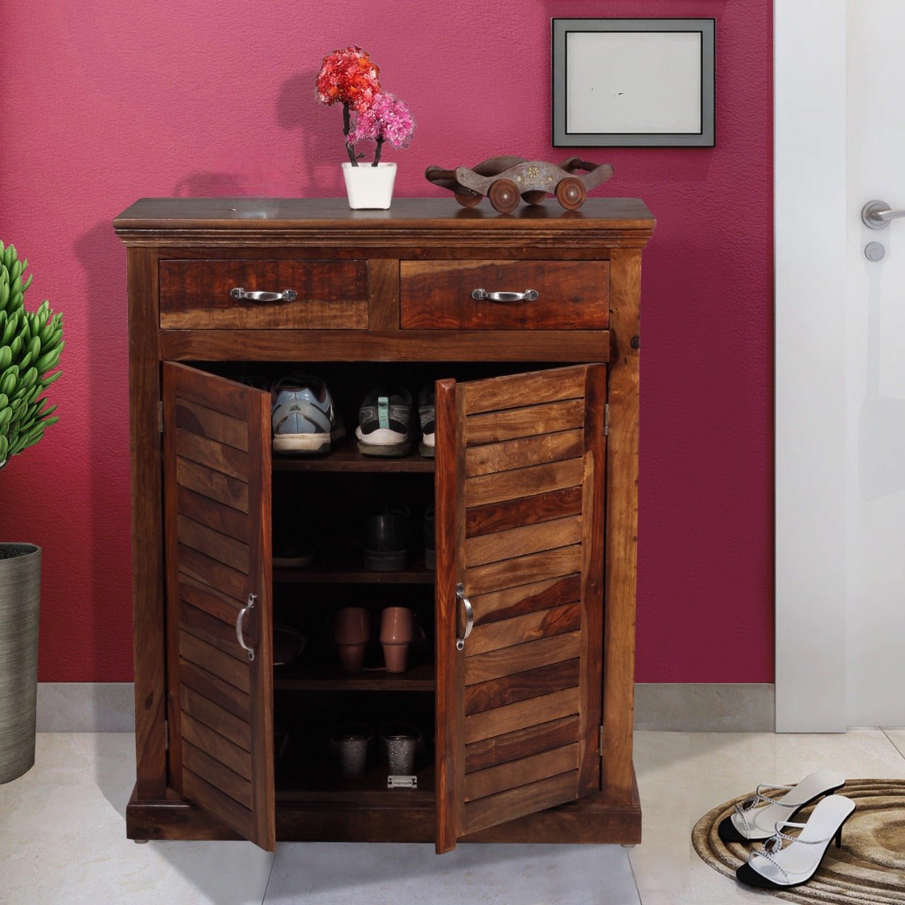 sheesham wood 2 door shoe cabinet with 2 drawer for home | wooden shoe rack with storage | shoe rack cabinet | brown sheesham wood 2 door shoe cabinet with 2 drawer for home | wooden shoe rack with storage | shoe rack cabinet | brown