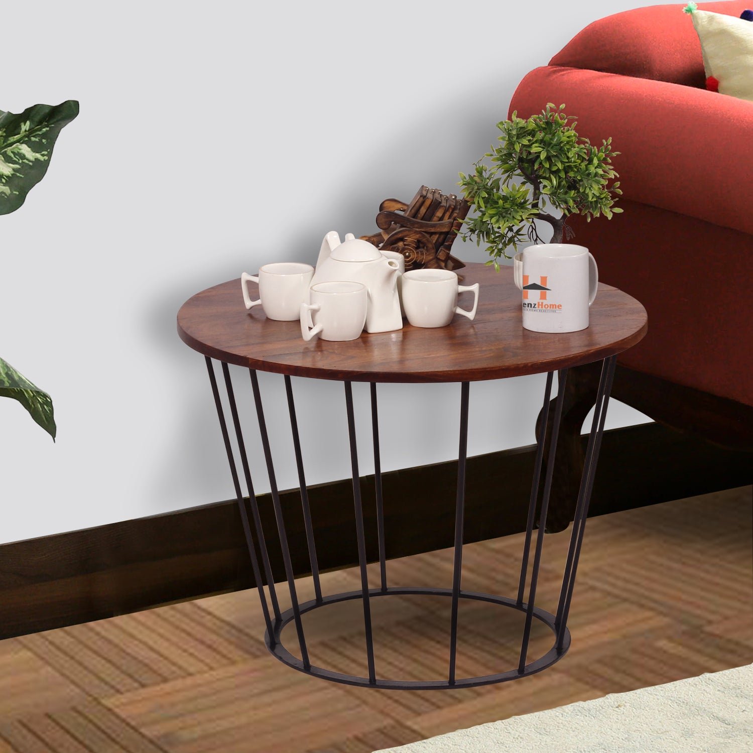 round wooden coffee table with metal base | stylish living room center table | compact modern sofa side table | size l39cm x w62cm x h62cm round wooden coffee table with metal base | stylish living room center table | compact modern sofa side table | size l39cm x w62cm x h62cm