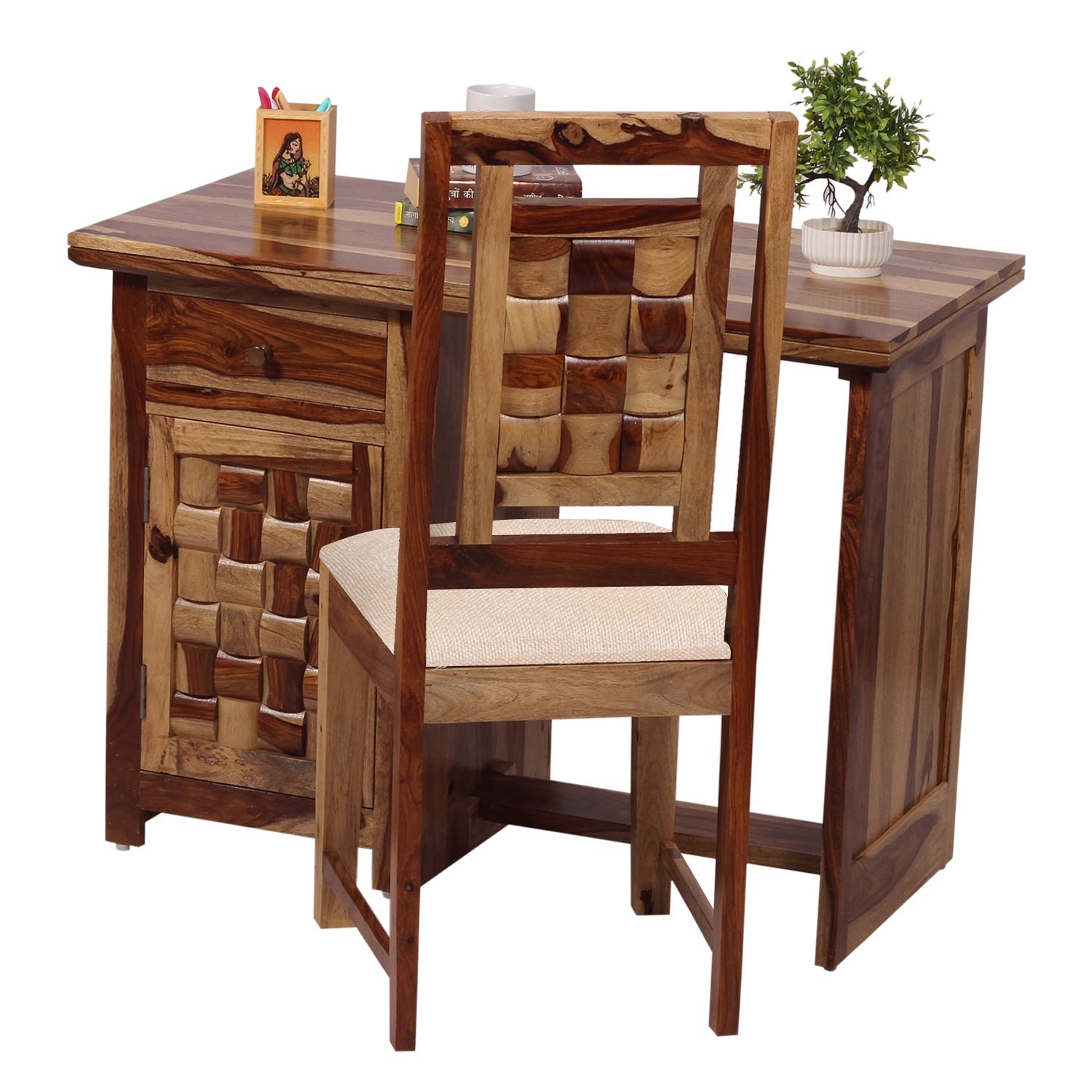 nivora solid sheesham wood computer table with cabinet and drawer storage with chair, wood writing desk, study desk, office desk, laptop table (natural wood) nivora solid sheesham wood computer table with cabinet and drawer storage with chair, wood writing desk, study desk, office desk, laptop table (natural wood)