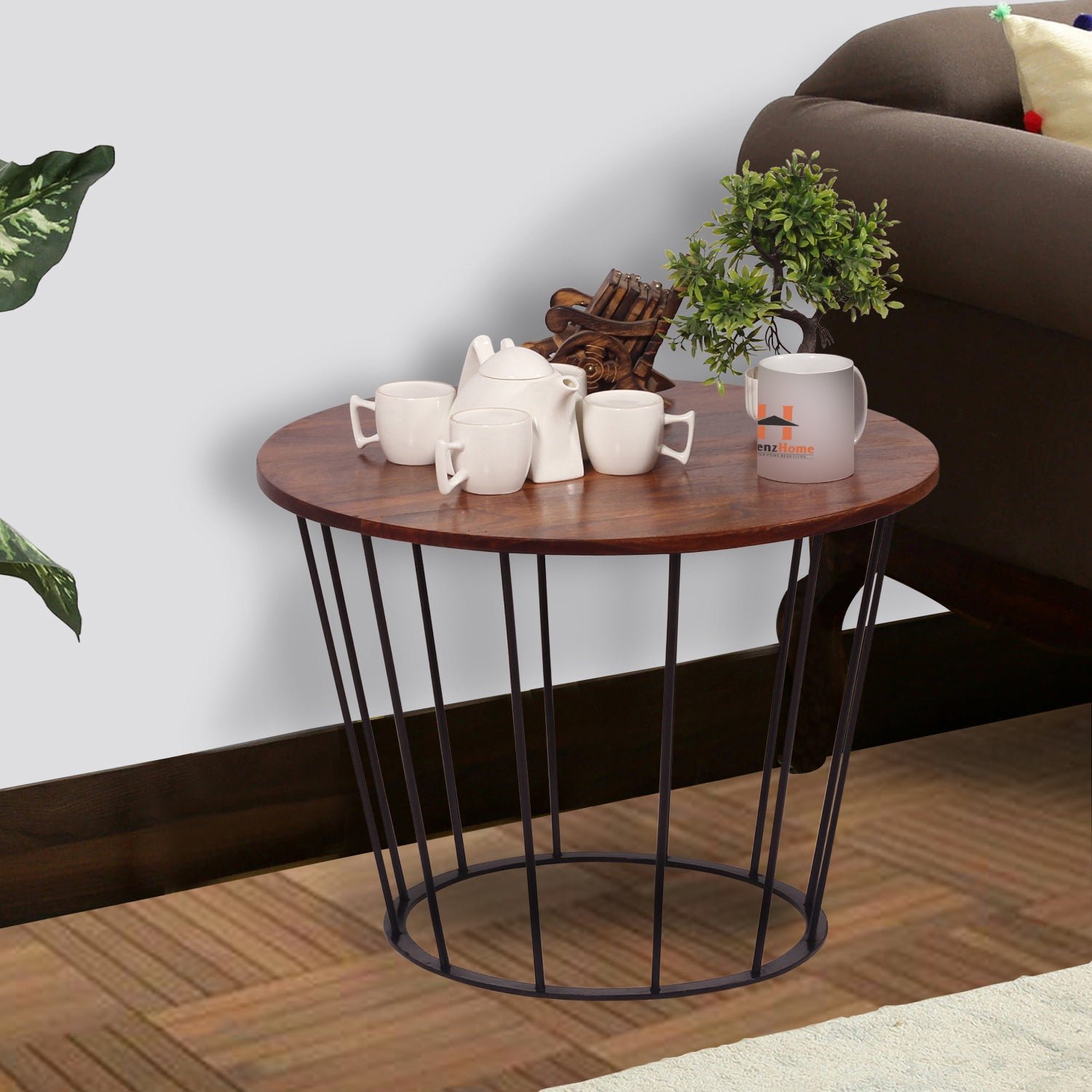 round wooden coffee table with metal base | stylish living room center table | compact modern sofa side table | size l39cm x w62cm x h62cm round wooden coffee table with metal base | stylish living room center table | compact modern sofa side table | size l39cm x w62cm x h62cm